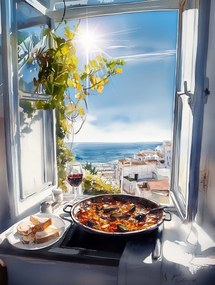 Canvas Vászonkép Ablak Konyha Tenger Paella Bor Spanyolország 75x100