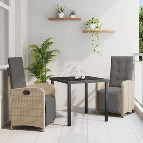 3 Darabos Kerti Étkezőszett Párnákkal Bézs Polyrattan, Kerti Asztal Fekete 80x80x73 cm Edzett Üveg