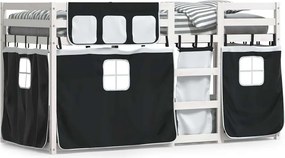 vidaXL fehér/fekete tömör fenyőfa emeletes ágy függönyökkel 90x200 cm