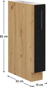 Alsó szekrény fém kosárral, matt fekete/artisan tölgy, MONRO 15 D CARGO