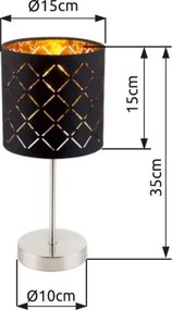 Globo 15229T Asztali textil, fekete-arany, kábel 1,5 m, Schalter, ø: 150, H:350, exkl. 1xE14 40W 230V