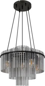 Globo 15698H1 Függesztett lámpa, fém matt fekete, füstszínű üvegrudak, kábel PVC fekete, magasság rövidíthető, ø: 500mm, M: 1200mm, 5x E27 60W 230V izzók nélkül
