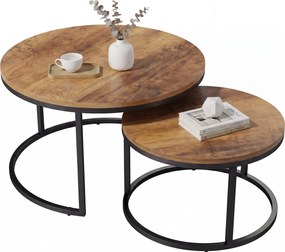 HOMCOM 2-Piece Round Nesting Coffee Tables — Industrial Metal Frame, Brown Wood-Effect Tops (Large 23.6×23.6×17.7 in / Small 17.7×17.7×15.9 in) | Aoso