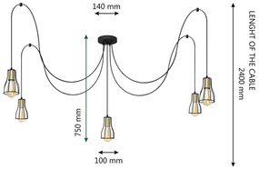 Csillár zsinóron TUBE LONG 5xE27/15W/230V fekete/arany