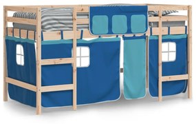 kék tömör fenyőfa gyerek galériaágy függönnyel 90 x 190 cm