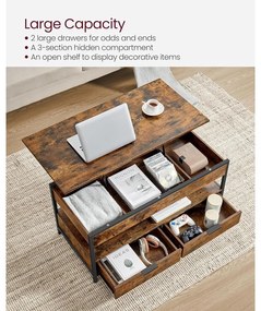 VASAGLE felnyitható fedelű dohányzóasztal rusztikus barna és tintafekete színben