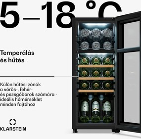 Klarstein Bovella 18 Duo+, 2 zónás borhűtő, 50 liter, 18 palack, üvegajtó