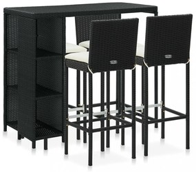 5 darabos fekete polyrattan kerti bárszett párnákkal
