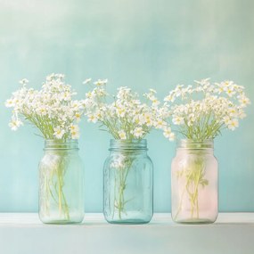 Vászonkép Canvas Dekoráció Színes Befőttesüvegek Fehér Virágok Tavasz 40x40