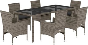 vidaXL 7 részes szürke polyrattan/üveg kerti étkezőgarnitúra párnával