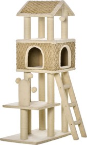 PawHut Macskafának és Kaparónak 130 cm Magas Macskabújóval és Játék Labdákkal, Juta Oszlopokkal, Nagy Platformmal, Forgácslapból készült Puha Khaki+Be