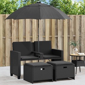 2 személyes fekete polyrattan kerti kanapé napernyővel/székkel