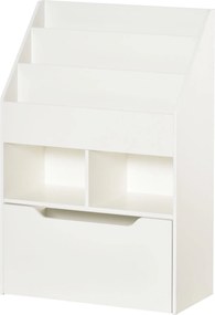 HOMCOM Fa Könyvespolc Gyerekeknek 3 Rekesszel, 2 Kockával és Mobil Fiókkal 4 Kerekével, Gyerekek Szobájához 60x29.9x90 cm Fehér | Aosom