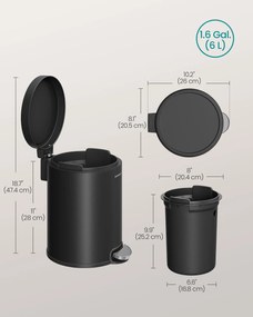 SONGMICS 6L pedálos fürdőszobai szemetes, lágy záródás, tintafekete