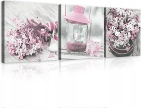 Vászonkép 75x25 Finomság romantika tavasz virágok lampion gyertya rózsaszín szürke