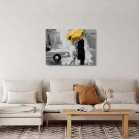Üveg kép - Szerelmespár egy esernyő alatt, sárga (70x50 cm)