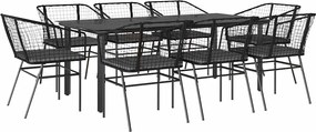 vidaXL 9 részes fekete polyrattan üveg kerti étkezőgarnitúra párnákkal