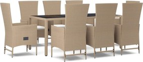 vidaXL 9 részes bézs polyrattan kerti étkezőgarnitúra párnákkal