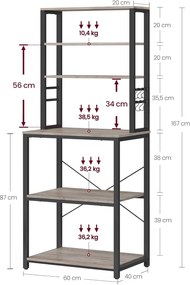 Konyhai tárolóállvány, 40 × 60 × 167 cm, greige és fekete színben
