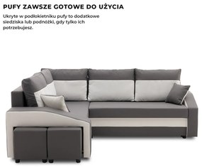 Grande sarokkanapé polcokkal és puffokkal , polc a jobb karfaban puffok a bal karfaban, baloldali, szövet anyag, hab töltet, szürke - fehér