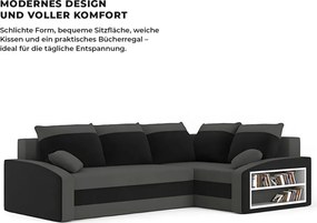 Grande sarokkanapé polcokkal , polc a jobb karfaban, jobboldali, szövet anyag, hab töltet, szürke - fekete