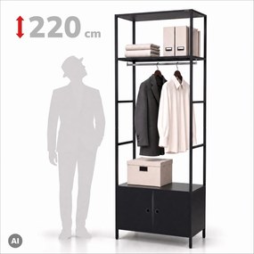 Irodai polc nyitott ruhaakasztó rúddal, recepcióra és váróterembe, fém, fekete, 800x2200x400 mm: ARIEL