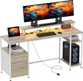 HOMCOM Íróasztal Számítógép Asztal LED Lámpákkal, Polcokkal, Fiókokkal, Áramellátással, USB Portokkal és Monitor Állvánnyal Irodához vagy Tanuláshoz 1