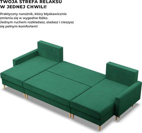 Etna U alakú sarokkanapé, 3 ágyneműtartóval, bársony, univerzális oldal, bonell töltet, zöld