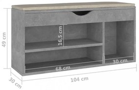 betonszürke szerelt fa cipőtároló pad párnával 104 x 30 x 49 cm