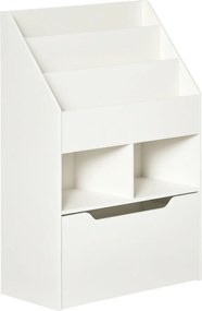 HOMCOM Fa Könyvespolc Gyerekeknek 3 Rekesszel, 2 Kockával és Mobil Fiókkal 4 Kerekével, Gyerekek Szobájához 60x29.9x90 cm Fehér | Aosom