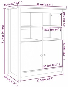 fekete tömör fenyőfa tálalószekrény 83 x 41,5 x 100 cm