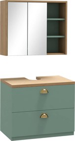 kleankin Fürdőszoba Bútor Készlet Tükörszekrény + Felfüggesztett Mosdó Alatti Szekrény Állítható Polcokkal 2 Fiók Skandináv Stílus Zöld | Aosom