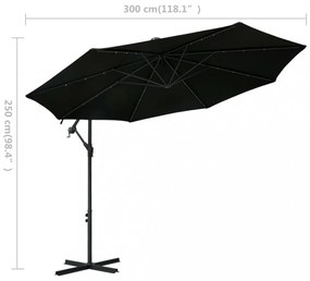 fekete konzolos napernyő LED-fényekkel és acélrúddal 300 cm