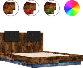 vidaXL füstös tölgy színű ágykeret fejtámlával és LED-ekkel 120x190 cm