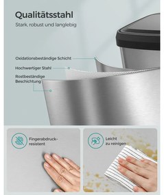 SONGMICS 50 literes konyhai szemetes, fém pedálos kuka fedéllel, keskeny és magas kialakítás, tágas, ezüst