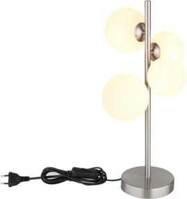 Globo 56140-4T Asztali lámpa fém nikkel matt, üveg fehér, kábel PVC fekete, billenőkapcsoló a kábelen, HxSzxM: 270x230x510mm, kábelhossz 1500mm, üveg átmérő: 2x10cm, 2x12cm, benne 4x G9 LED 3.5W 230V, 350lm forrás, 310lm kimenet, 3000K