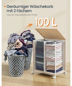 Szennyeskosár 2 rekesszel, 100 literes fedeles ruháskosár natúr bézs és matt fehér színben