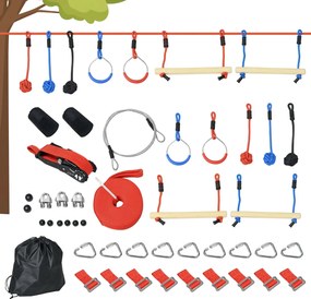 Outsunny Ninja Slackline Szett 30 db, 10m Kötél Akadályokkal, Mászókeret, Kültéri Mászó Edzés, Játékfelszerelés 3-6 Éves Gyerekeknek, Gimnasztikai Gyű