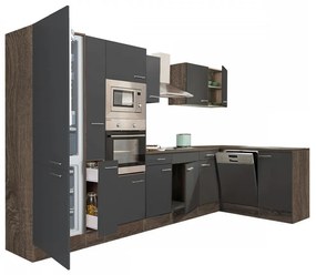 Yorki 370 sarok konyhablokk yorki tölgy korpusz,selyemfényű antracit fronttal alulagyasztós hűtős szekrénnyel