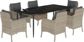 vidaXL 7 részes világosszürke polyrattan kerti étkezőszett párnával