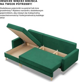 Etna sarokkanapé, 2 ágyneműtartóval, bársony, univerzális oldal, bonell töltet, zöld