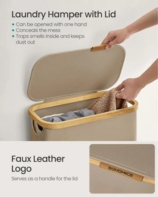 Szennyeskosár fedővel, keskeny szennyes tároló, 65 L, 42 x 22,5 x 70,5 cm, Tevebarna