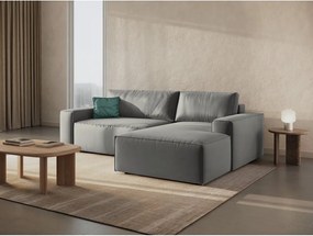 Világosszürke bársony kinyitható-tárolóhelyes sarokkanapé (jobb oldali-heverő résszel) Jodie – Micadoni