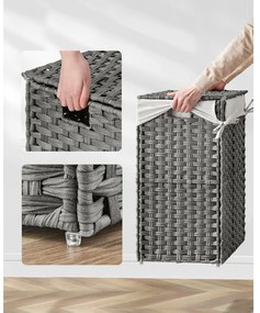 Kézzel fonott rattan szennyeskosár, összecsukható, kivehető zsákkal 90L, szürke
