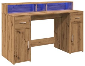 kézműves tölgy színű szerelt fa LED-es íróasztal 140x55x91 cm