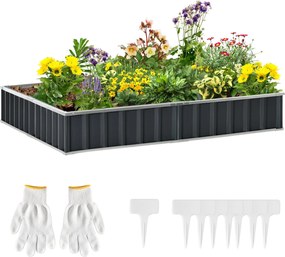Outsunny Acél Magaságyás DIY Kertész Ágy T-alakú Növényjelzőkkel, Kertész Kesztyűvel, Fűszerágy, Virágállvány Balkonra Sötétszürke 258 x 90 x 30 cm |