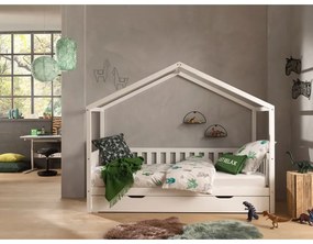 Fehér házikó alakú borovi fenyő gyerekágy kihúzható pótággyal, tárolóhellyel 90x200 cm DALLAS – Vipack