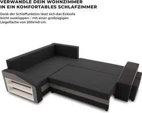 Grande sarokkanapé polcokkal és puffokkal , polc a bal karfaban puffok a jobb karfaban, baloldali, szövet anyag, bonell töltet, fekete - szürke