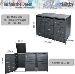 STILISTA Szekrény 3 szemeteshez 196 x 80 x 116 cm antracit