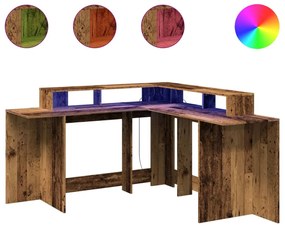 antik fa színű szerelt fa íróasztal LED-ekkel 152 x 152 x 91 cm
